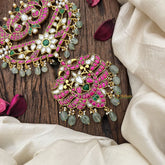 Vriksham Regal Look Kundan Jadau Neckpiece-Red Green-Rice Pearl-Aqua Green Bead-J3586